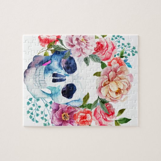 Kunstmatige waterverf schedel en bloemen legpuzzel (Horizontaal)