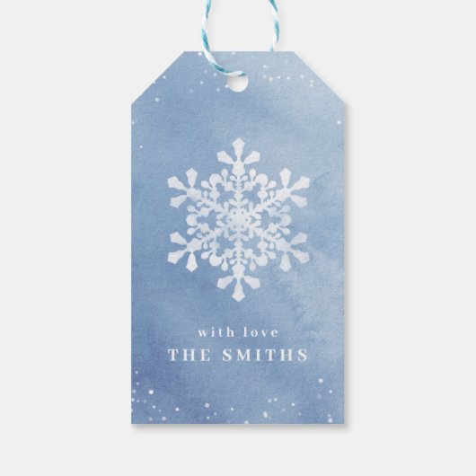 Kunstmatige Waterverf Snowflake blauw kerstfeest Cadeaulabel (Achterkant)