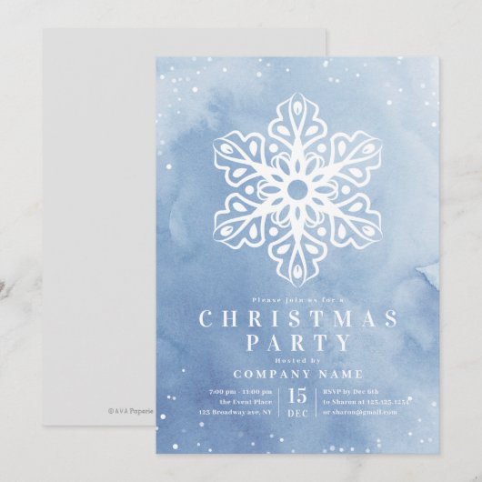 Kunstmatige Waterverf Snowflake Blue Kerstparty Kaart (Voorkant / Achterkant)