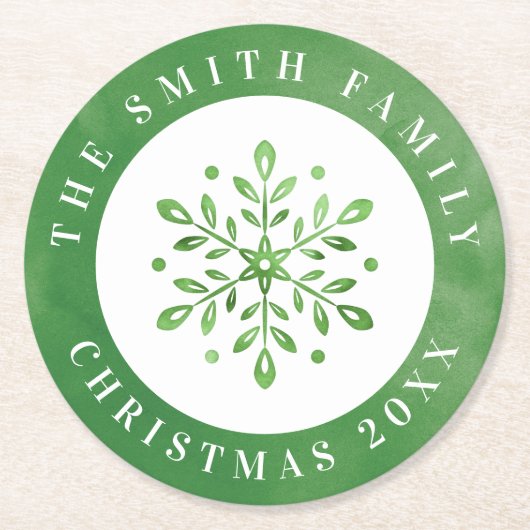 Kunstmatige Waterverf Snowflake Green Kerstmis Ronde Kartonnen Onderzetter (Voorkant)