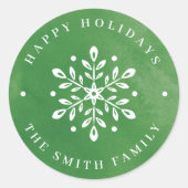 Kunstmatige Waterverf Snowflake groene kerst Ronde Sticker (Voorkant)