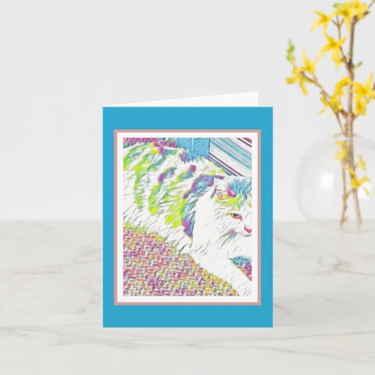 Kunstmatige  Witte Kat Illustratie Kaart (Gele Bloem)