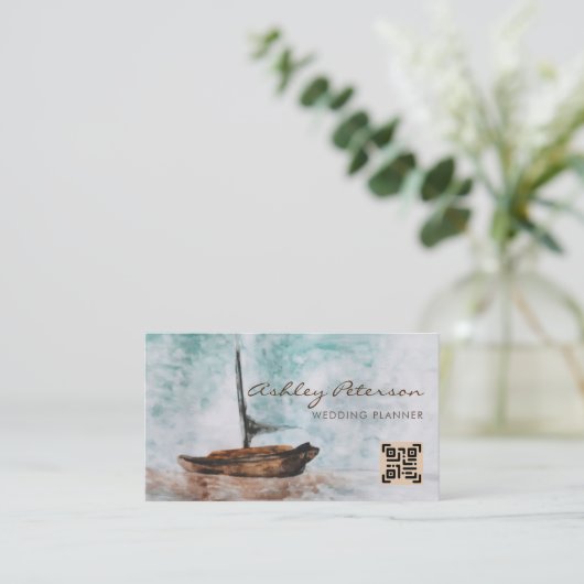 Kunstmatige  zeilboot met zeebaars QR-code Visitekaartje (Staand voorkant)