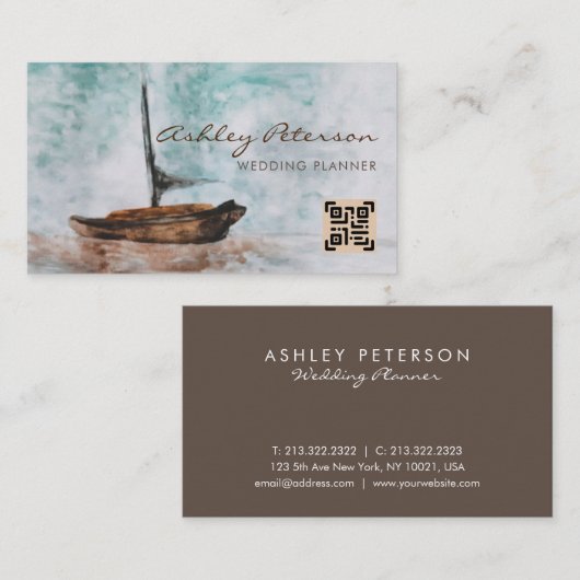 Kunstmatige  zeilboot met zeebaars QR-code Visitekaartje (Voorkant / Achterkant)