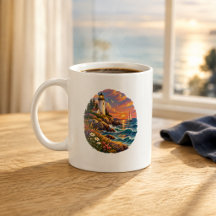 Kunstmok met vuurtoren aan de kust bij zonsonderga