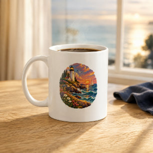 Kunstmok met vuurtoren aan de kust bij zonsonderga koffiemok