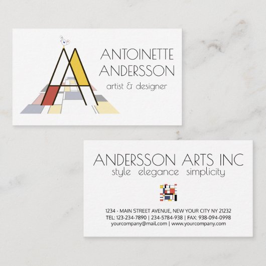 Kunstmonogram met neoplasticisme. Brief A Visitekaartje (Voorkant / Achterkant)