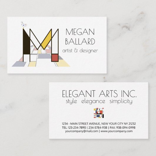 Kunstmonogram met neoplasticisme. Brief M Visitekaartje (Voorkant / Achterkant)