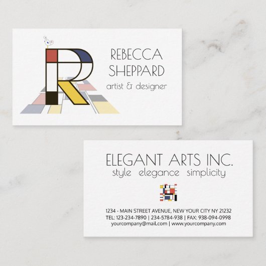 Kunstmonogram met neoplasticisme. Brief R Visitekaartje (Voorkant / Achterkant)