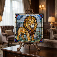 Kunstmozaïek met leeuw in namaak glas in lood