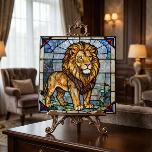 Kunstmozaïek met leeuw in namaak glas in lood tegeltje