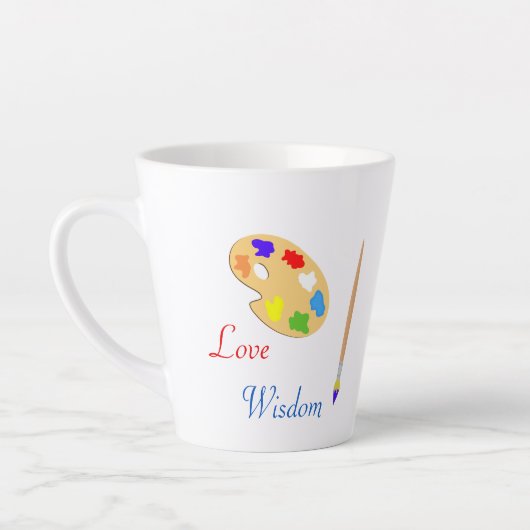Kunstpalet met verfkwast en tekst op wit latte mok (Links)