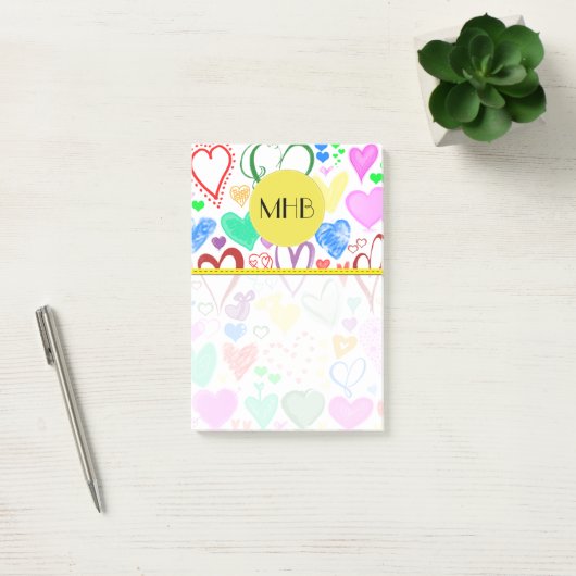 Kunstpatroon, kleurrijke harten, monogram post-it® notes (Kantoor)