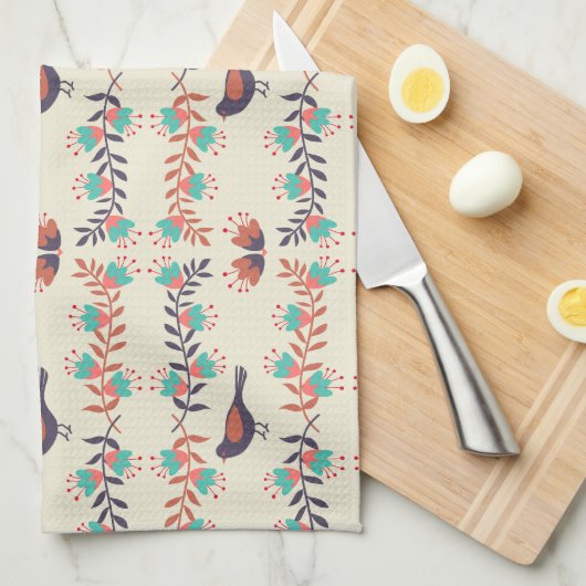 Kunstpatroon voor vogels en Floral Folk Theedoek (Quarter Fold)