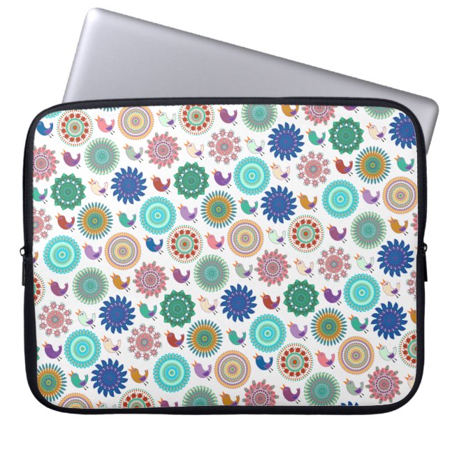 Kunstpatroon Zingende vogel en Mandala Cute Folk Laptop Sleeve (Voorkant)