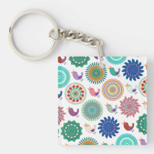 Kunstpatroon Zingende vogel en Mandala Cute Folk Sleutelhanger
