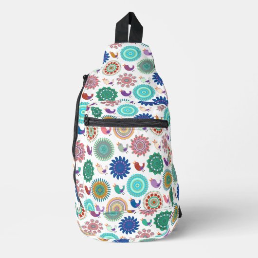 Kunstpatroon Zingende vogel en Mandala Cute Folk Sling Bag (Voorkant)