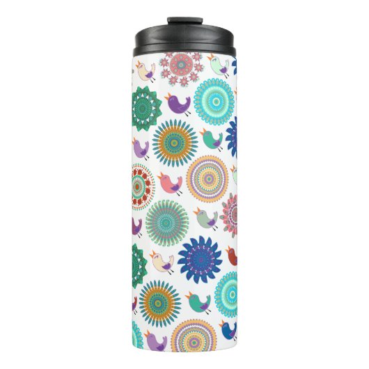 Kunstpatroon Zingende vogel en Mandala Cute Folk Thermosbeker (Voorkant)
