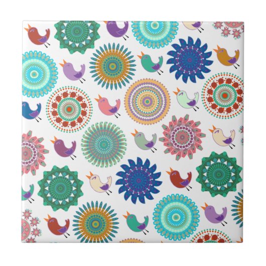 Kunstpatroon Zingende vogels en Mandala Folk Tegeltje (Voorkant)