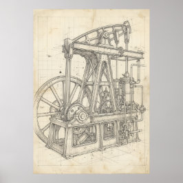 Kunstposter met blueprint van stoommachine uit het poster