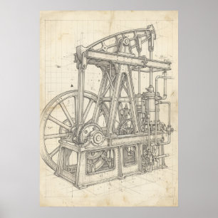 Kunstposter met blueprint van stoommachine uit het poster