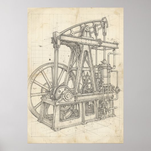 Kunstposter met blueprint van stoommachine uit het poster (Voorkant)