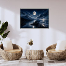 Kunstposter met maanlichtbergmeer - Volle maan