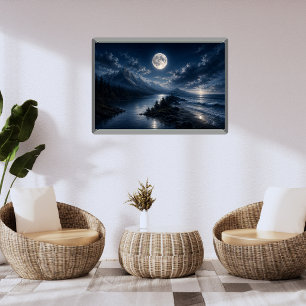 Kunstposter met maanlichtbergmeer - Volle maan Foto Afdruk