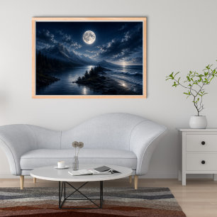 Kunstposter met maanlichtbergmeer - Volle maan Poster