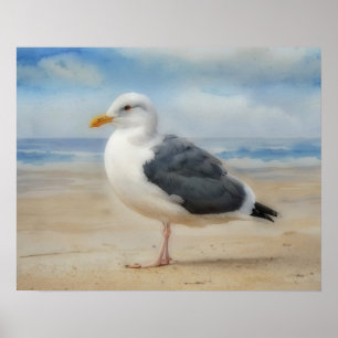 Kunstposter met meeuw op het strand poster