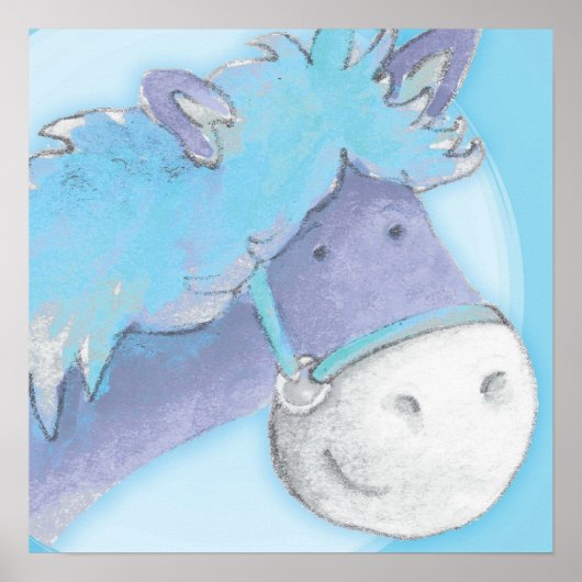 Kunstposter met pony voor kinderen babyblauw vierk poster (Voorkant)