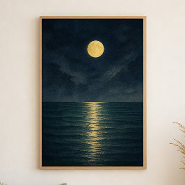Kunstposter met waterverf van de zee bij maanlicht poster
