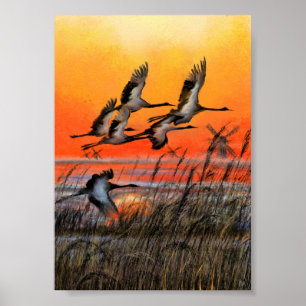 Kunstposterprint van vogels vliegend bij zonsonder poster