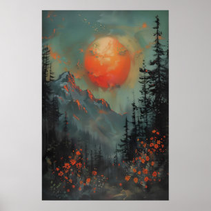 Kunstprint berglandschap bij zonsondergang, botani poster
