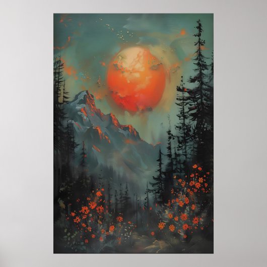 Kunstprint berglandschap bij zonsondergang, botani poster (Voorkant)