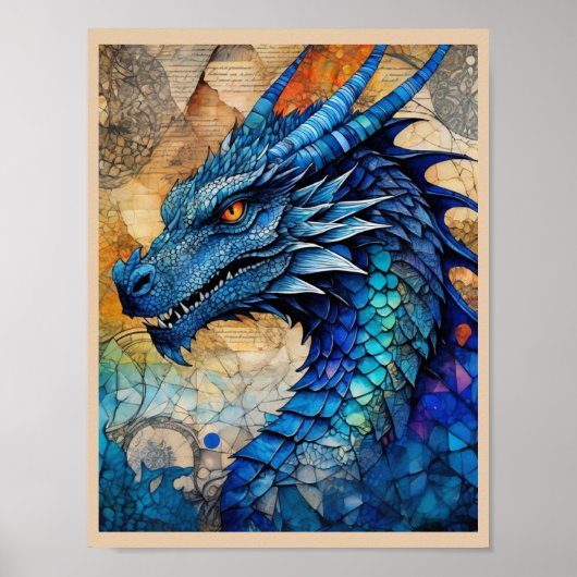 Kunstprint Blauwe Draak Gereflecteerd om te Kadere Poster (Voorkant)