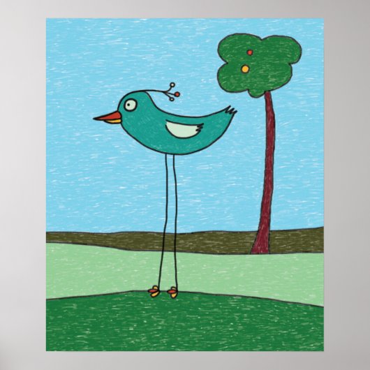 Kunstprint, Cute Vogel en Boom Poster (Voorkant)