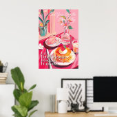 Kunstprint Franse ontbijt roze café (Poster Poster (Thuiskantoor)