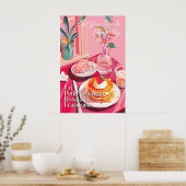 Kunstprint Franse ontbijt roze café (Poster Poster (Keuken)