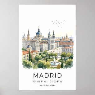 Kunstprint Madrid stadsgezicht Skyline, Fontein Poster