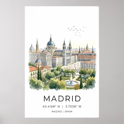 Kunstprint Madrid stadsgezicht Skyline, Fontein Poster (Voorkant)