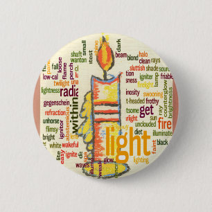 Kunstprint met kaarsvlam woordwolk ronde button 5,7 cm