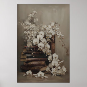 Kunstprint met vintage orchidee en antieke boeken poster