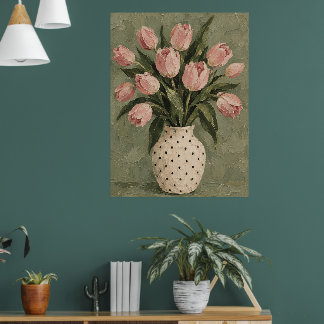 Kunstprint met vintage roze tulpboeket in stilleve poster