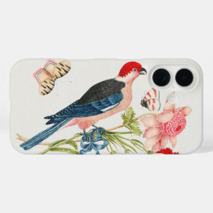 Kunstprint met vintage roze vogel vlinder bloemenm iPhone 16 hoesje