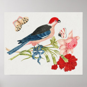 Kunstprint met vintage roze vogel vlinder bloemenm poster