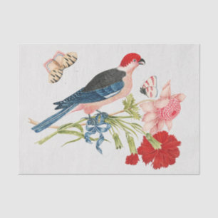 Kunstprint met vintage roze vogel vlinder bloemenm tissuepapier