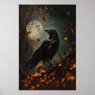 Kunstprint met volle maan raaf in herfst, kraai ku poster