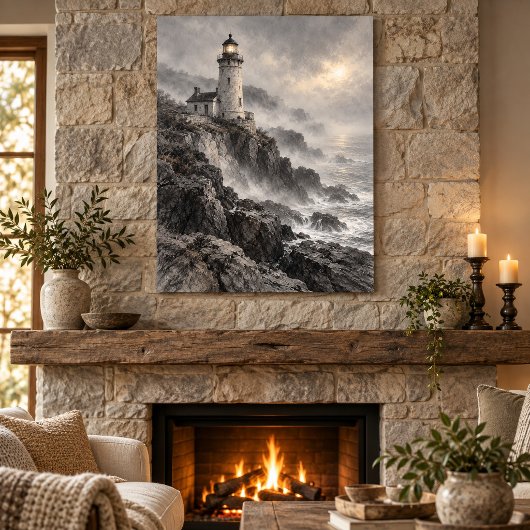 Kunstprint met vuurtoren in mist poster