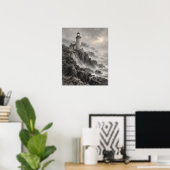 Kunstprint met vuurtoren in mist poster (Thuiskantoor)